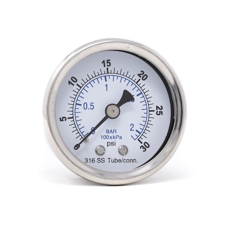 Pic Gauges Gauge, 2", 0/30psi, 1/4"CBM, SS, 2 in Dial, 1/4 in NPT Male Center Back Location PRO-302D-204C-01
