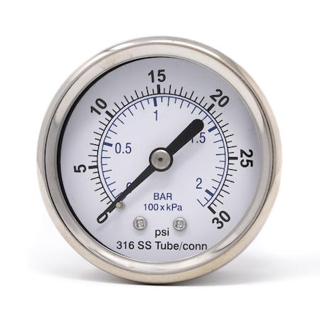 Pic Gauges Gauge, 2", 0/30psi, 1/8"CBM, SS, 2 in Dial, 1/8 in NPT Male Center Back Location PRO-302D-208C-01