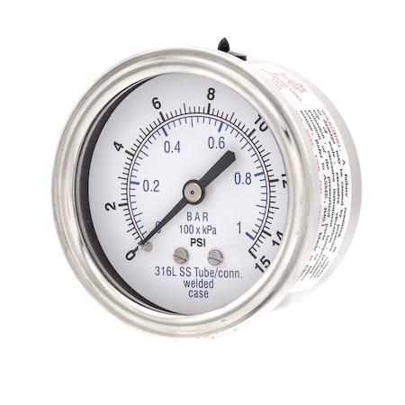 Pic Gauges Gauge, 2.5", 0/15 psi, 1/4"CBM, SS, 2 1/2 in Dial, 1/4 in NPT Male Center Back Location PRO-302D-254B-01