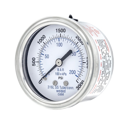 Pic Gauges 2 1/2 in Dial, 1/4 in NPT Male Center Back Location, Stainless Steel Case Material PRO-302D-254P-01
