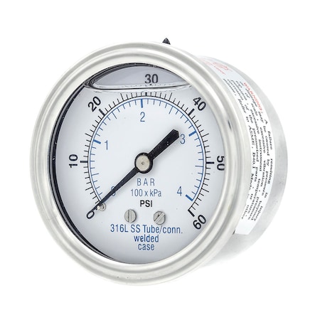 Pic Gauges Gauge, 2.5", 0/60psi, 1/4"CBM, SS LF, 2 1/2 in Dial, 1/4 in NPT Male Center Back Location PRO-302L-254D-01
