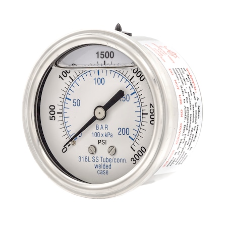 Pic Gauges Gauge, 2.5", 0/3000psi, 1/4"CBM, SS, 2 1/2 in Dial, 1/4 in NPT Male Center Back Location PRO-302L-254P-01