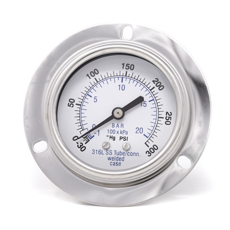 Pic Gauges Gauge, 2.5", 30/0/300psi, 1/4"CBM, SS, 2 1/2 in Dial, 1/4 in NPT Male Back Location PRO-304D-254CH-01