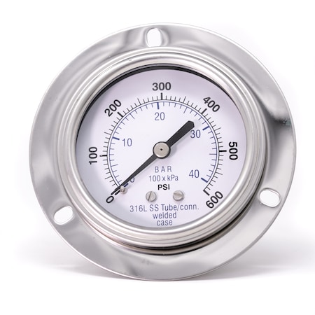 Pic Gauges Gauge, 2.5", 0/600psi, 1/4"CBM, SS, FrntFlg PRO-304D-254K-01
