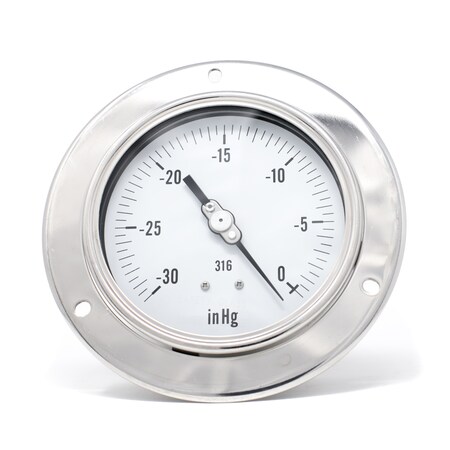 Pic Gauges Gauge, 4", 30"-0VAC, 1/4"LBM, SS, FrontFlange PRO-314D-404A