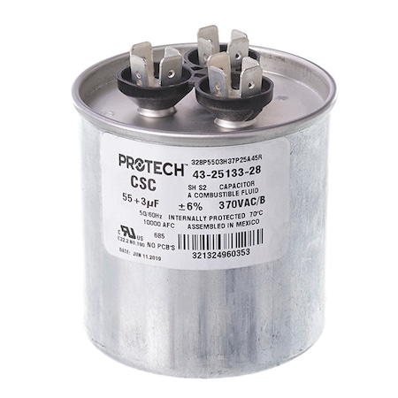 Rheem Round Run Capacitor 55/3Mfd, 370V 43-25133-28