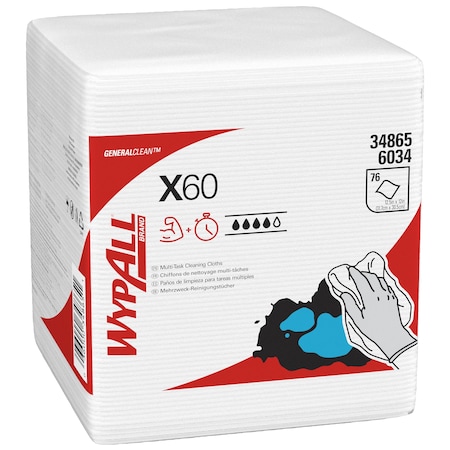 Wypall WypAll GeneralClean X60 Multi-Task Cleaning Cloths 34865, Quarterfold, Strong & Absorbent, White, PK12 34865