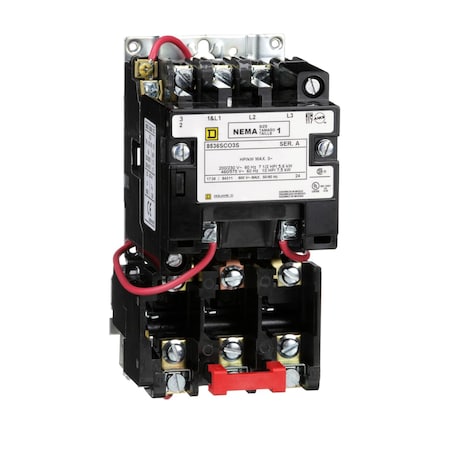 Square D NEMA Motor Starter, Type S, nonreversing, Size 1, 27A, 10 HP at 460 VAC, 5 kA SCCR, 3 phase, 3 pole, melting alloy, 208 VAC coil, open 8536SCO3V08S