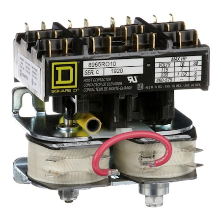 Square D Contactor, 8965RO, hoist, reversing, 3HP at 480VAC, 3 phase, 120VAC coil, quick connect terminals. open style, bulk pack 8965RO10V02Y181
