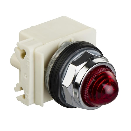 Square D Pilot light, Harmony 9001K, metal, glass, domed, red, 30mm, LED red, 120V 9001KP38LRR6