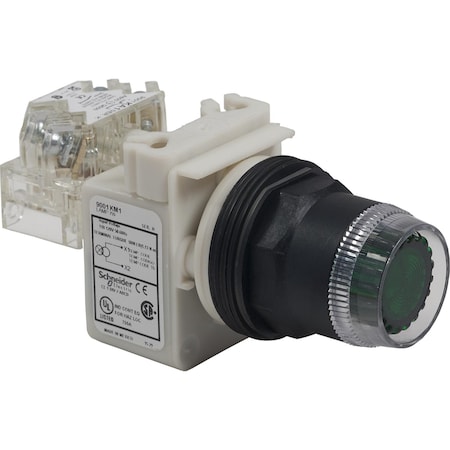 Square D Illuminated push-button head, Harmony 9001SK, plastic, plastic guard flush, amber, 30mm, spring return, 110-120V 9001SK1L1A