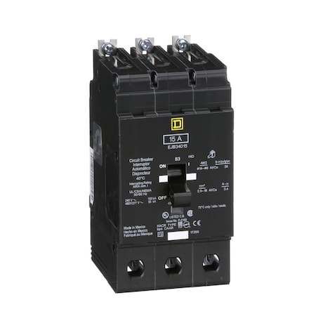 Square D Miniature Circuit Breaker, E FRAME Series, 15A, 3 Pole, 277/480V AC, 100kA at 120V AC EJB34015