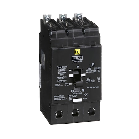 Square D Miniature Circuit Breaker, E FRAME Series, 100A, 3 Pole, 277/480V AC, 100kA at 120VAC EJB34100