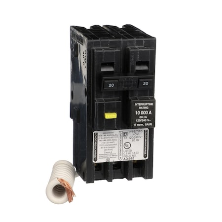 Square D Miniature Circuit Breaker, HOMELINE Series, 20A, 2 Pole, 240V AC, 10kA at 240V AC, A Curve HOM220GFIC
