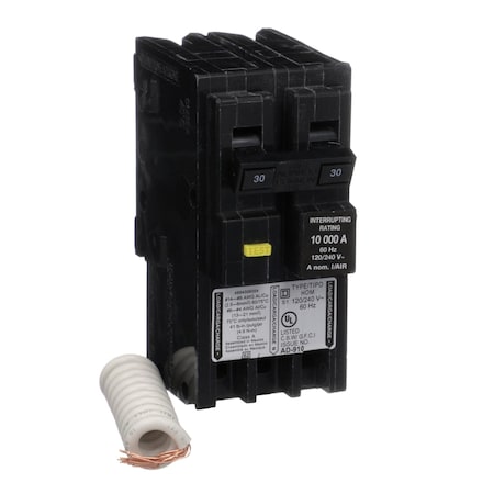 Square D Miniature Circuit Breaker, HOMELINE Series, 30A, 2 Pole, 240V AC, 10kA at 240V AC, A Curve HOM230GFIC