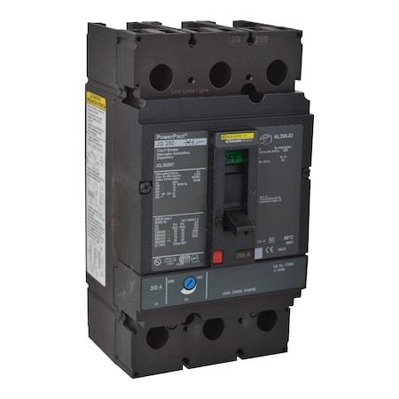 Square D PowerPact J-Frame breaker, thermal-magne, 225 A, 3 Pole, 600V AC, 65 kA JGL36225T