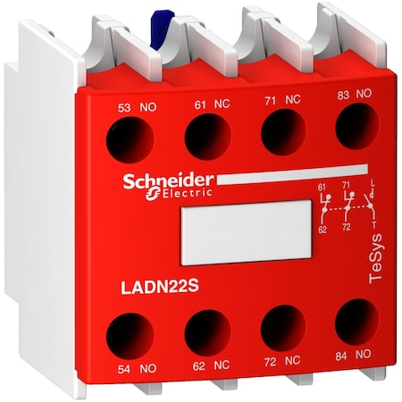 Schneider Electric Auxiliary contact block, TeSys Deca, 2NO + 2NC, front mounting, screw clamp terminals, red front face LADN22S
