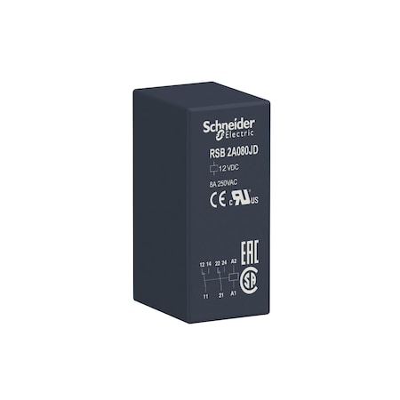 Schneider Electric Interface plug-in relay, 8 A, 2 CO, 12 V, 12V DC Coil Volts, 2 C/O RSB2A080JD