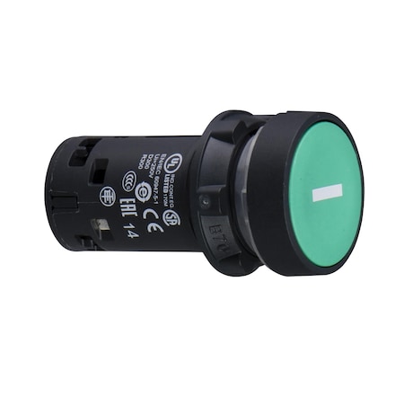 Schneider Electric Monolithic push button, Harmony XB7, plastic, green, 22mm, spring return, marked I, 1NO XB7NA3131