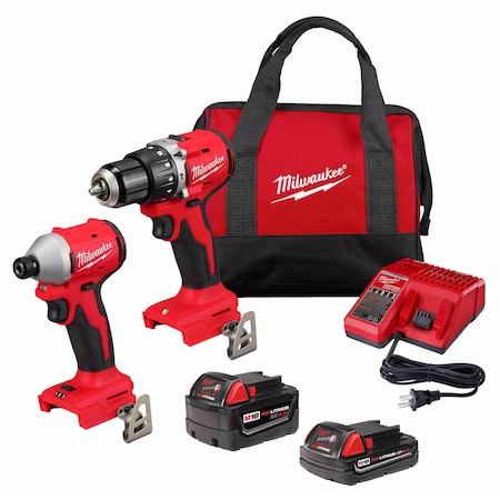 Milwaukee Tool M18 Compact Brushless 2-Tool Kit, Hammer Drill & Impact Driver, 2 Batteries, M18 & M12 Charger, Bag 3693-22CX