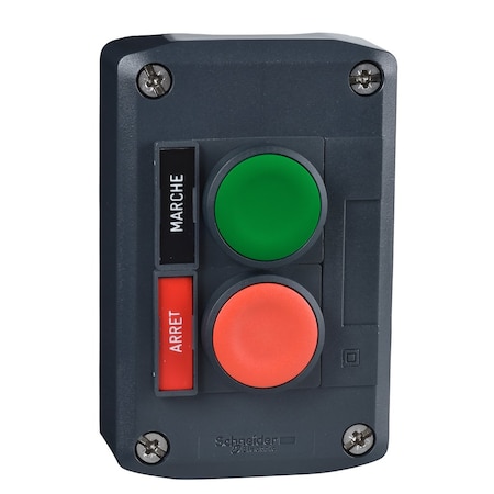Schneider Electric Complete control station, Harmony XALD, XALK, dark grey, flush push buttons 22mm, green MARCHE 1NO red ARRET 1NC, spring return XALD211H7