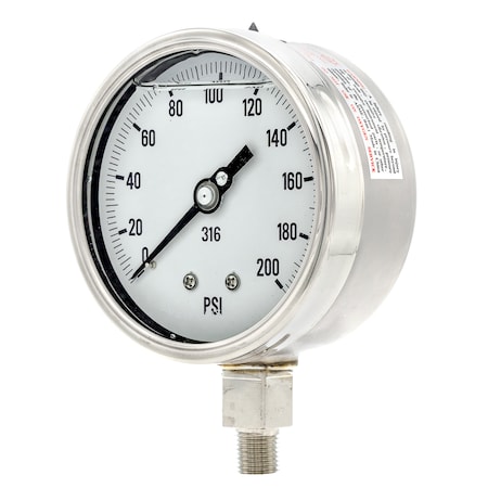 Pic Gauges 4 in Dial, 1/4 in NPT Male Lower Location, Stainless Steel Case Material 4001-4LG-GF