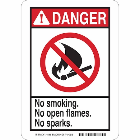 Brady Danger No Smoking Sign, 14 in H, 10" W, Polyester, Rectangle, English, 45124 45124