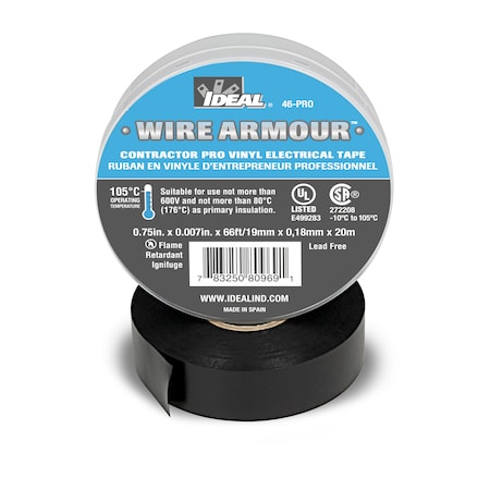 Wirearmour Pro Vinyl Tape, 3/4 x 66, Black 46-PRO