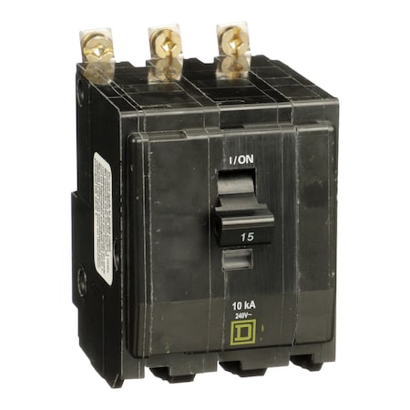 Square D Miniature Circuit Breaker, QO Series, 15A, 3 Pole, 120/240V AC, 10kA at 120/240V AC QOB3155237