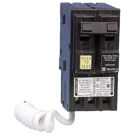 Square D Miniature Circuit Breaker, HOMELINE Series, 50A, 2 Pole, 240V AC, 10kA at 240V AC, A Curve HOM250GFICP