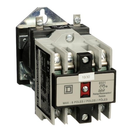Square D NEMA Control Relay, Type X, machine tool, 10A resistive at 600 VAC, 4 normally open contacts, 115/125 VDC coil, pan head 8501XDO40V62Y414