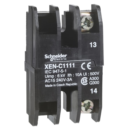 Schneider Electric Contact block, Harmony XAC, single contact, spring return, single speed, front mounting, 1NC + 1NO XENC1151