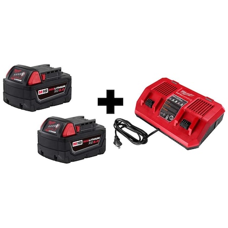 Milwaukee Tool M18 XC5.0 Batteries 2-Pack + M18 Dual Bay Simultaneous Rapid Charger 48-11-1852, 48-59-1802
