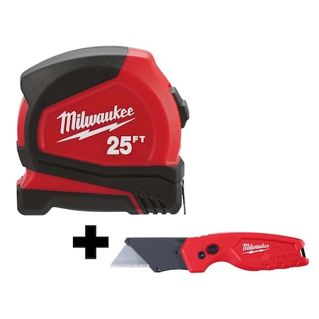 Milwaukee Tool 25 ft Compact Tape Measure + FASTBACK Compact Folding Utility Knife 48-22-6625, 48-22-1500