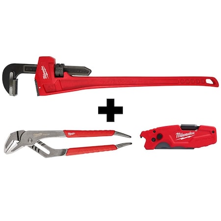 Milwaukee Tool 60" Steel Pipe Wrench + 12" Comfort Grip Straight-Jaw Pliers + FASTBACK 6-IN-1 Folding Utility Knife 48-22-7160, 48-22-6312, 48-22-1505