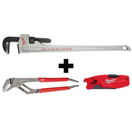 Milwaukee Tool 48" Aluminum Pipe Wrench + 12" Comfort Grip Straight-Jaw Pliers + FASTBACK 6-IN-1 Utility Knife 48-22-7248, 48-22-6312, 48-22-1505