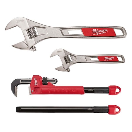 Milwaukee Tool CHEATER Steel Adaptable Pipe Wrench + 2 Pc. 6" & 10" Adjustable Wrench Set 48-22-7400, 48-22-7314