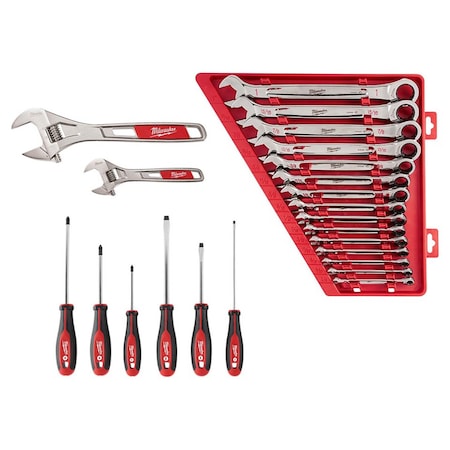 Milwaukee Tool 15PC Ratcheting Combination SAE Wrench Set + 6" & 10" Adjustable Wrench Set + 6PC Screwdriver Kit 48-22-7400, 48-22-9416, 48-22-2706