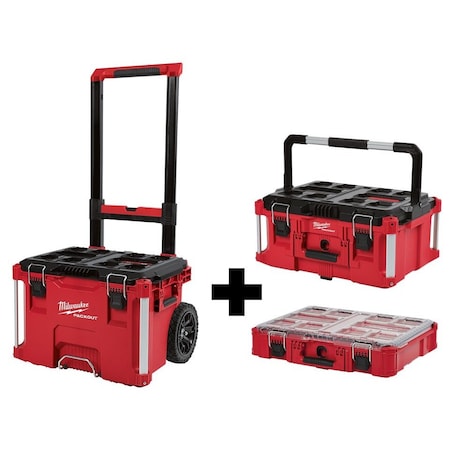 Milwaukee Tool PACKOUT Rolling Tool Box + Large Tool Box + Organizer, Polymer, Black/Red, 22 in W x 19 in D 48-22-8426, 48-22-8425, 48-22-8430