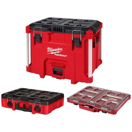 Milwaukee Tool PACKOUT XL Tool Box + Tool Case + Low-Profile Organizer, Polymer, Black/Red, 22 in W x 16-1/4 in D 48-22-8429, 48-22-8450, 48-22-8431
