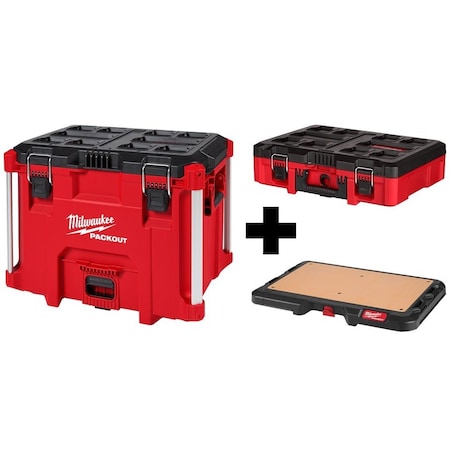 Milwaukee Tool PACKOUT XL Tool Box + Tool Case + Work Top, Polymer, Black/Red, 22 in W x 16-1/4 in D x 19 in H 48-22-8429, 48-22-8450, 48-22-8488