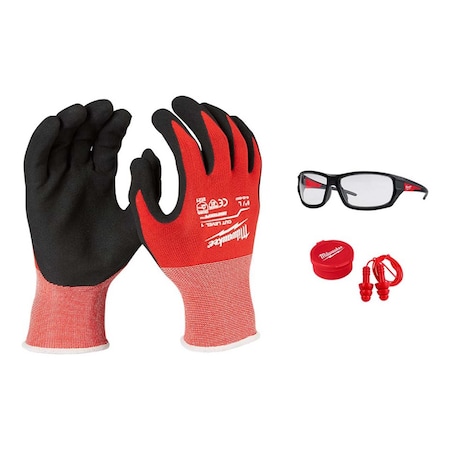 Milwaukee Tool Cut Level 1 Nitrile Dipped Gloves, EXTRA Glasses AND 3 Pack Ear Plugs 48-22-8902, 48-73-2020, 48-73-3151