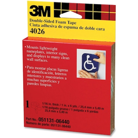 3M Double-Sided Foam Tape, 1 in W, 36 yd L, 1/16 in, Polyurethane Foam, Double-Sided, 9 PK 4026