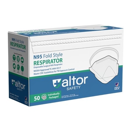 Altor Safety Fold Respirator, N95, Flat-Fold, Dual, Non-Adjustable, Molded Nose Clip, Universal 62220