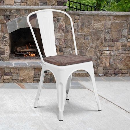 Flash Furniture White Metal Stackable Chair with Wood Seat, PK4 4-CH-31230-WH-WD-GG