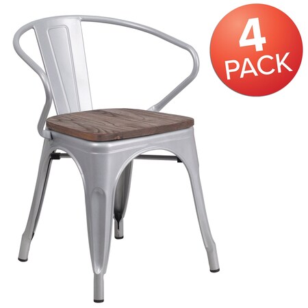Flash Furniture Silver Metal Chair with Wood Seat and Arms 4-CH-31270-SIL-WD-GG