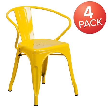 Flash Furniture Yellow Metal Indoor-Outdoor Chair with Arms, PK4 4-CH-31270-YL-GG