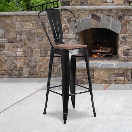Flash Furniture Black Metal Barstool with Back and Wood Seat, 30" High, PK4 4-CH-31320-30GB-BK-WD-GG