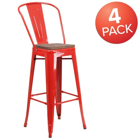Flash Furniture Red Metal Barstool with Back and Wood Seat, 30" High, PK4 4-CH-31320-30GB-RED-WD-GG