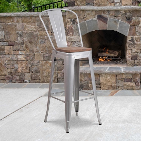 Flash Furniture Silver Metal Barstool with Back and Wood Seat, 30" High, PK4 4-CH-31320-30GB-SIL-WD-GG